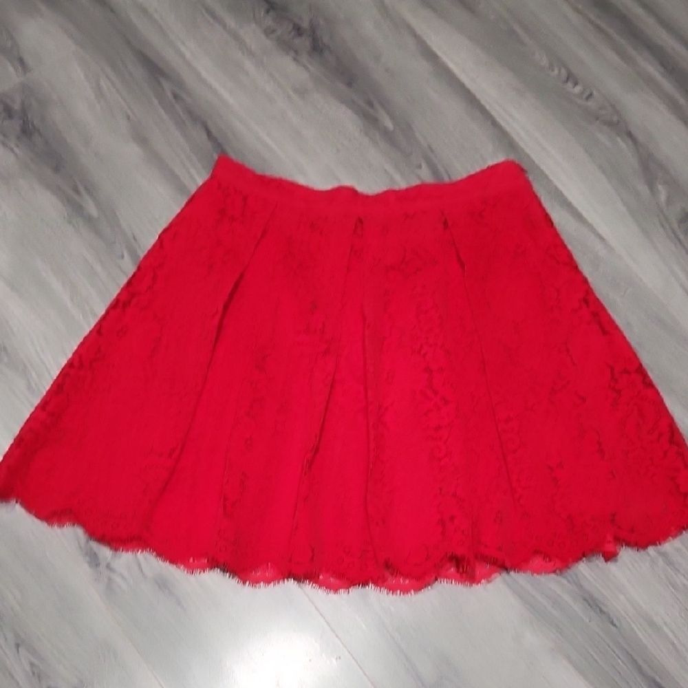 New York & Co Red Lace Velvet A-line Pleated Skirt